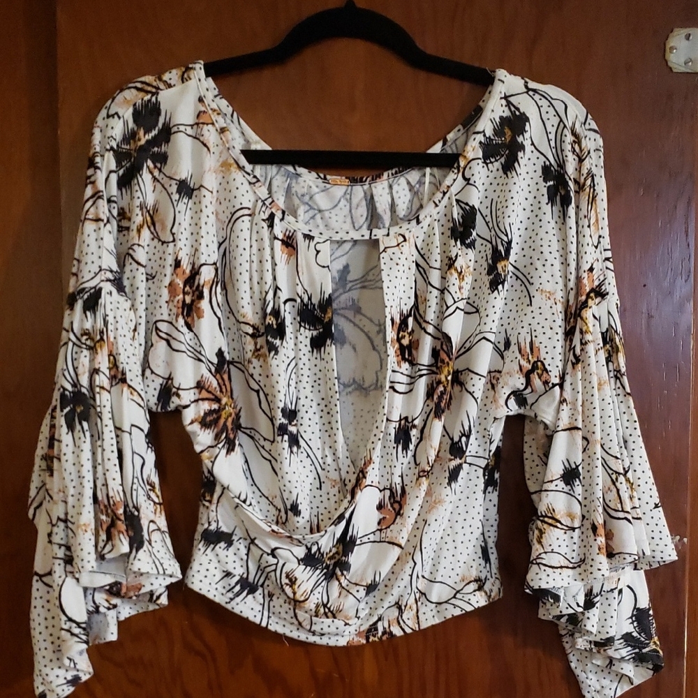 Free People Floral Drape Blouse - Cream and Black